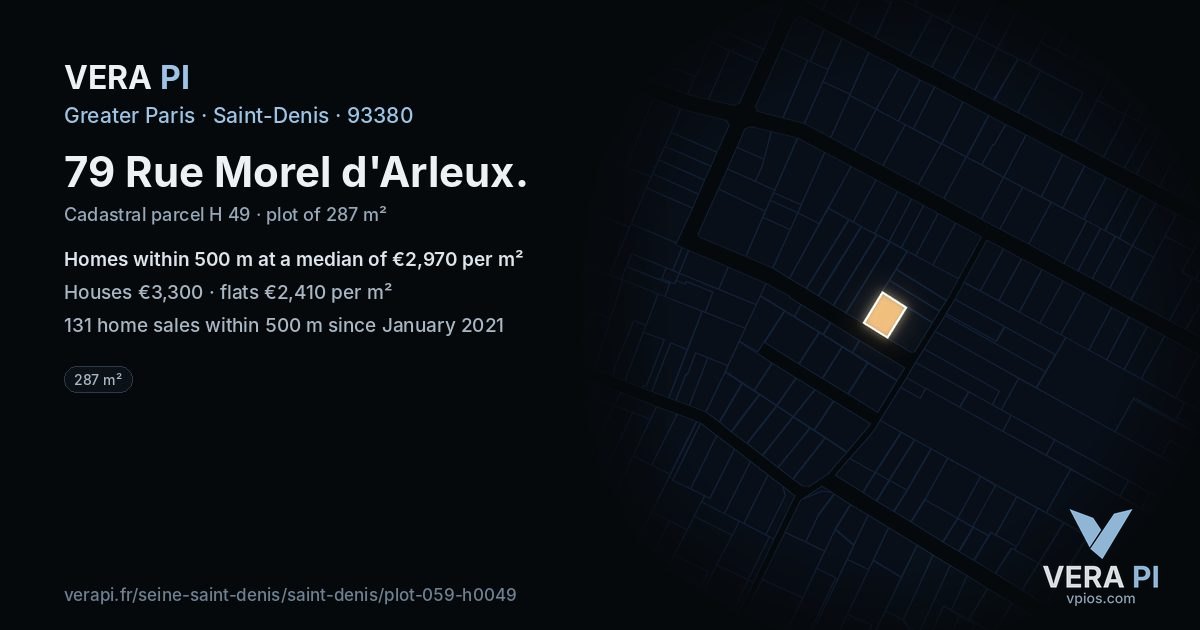 79 Rue Morel d'Arleux, Saint-Denis at night – the plot lit, the parcels around coloured by the prices near them