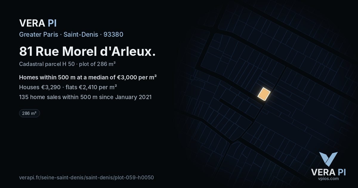 81 Rue Morel d'Arleux, Saint-Denis at night – the plot lit, the parcels around coloured by the prices near them