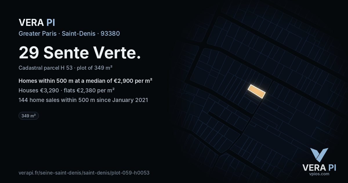 29 Sente Verte, Saint-Denis at night – the plot lit, the parcels around coloured by the prices near them