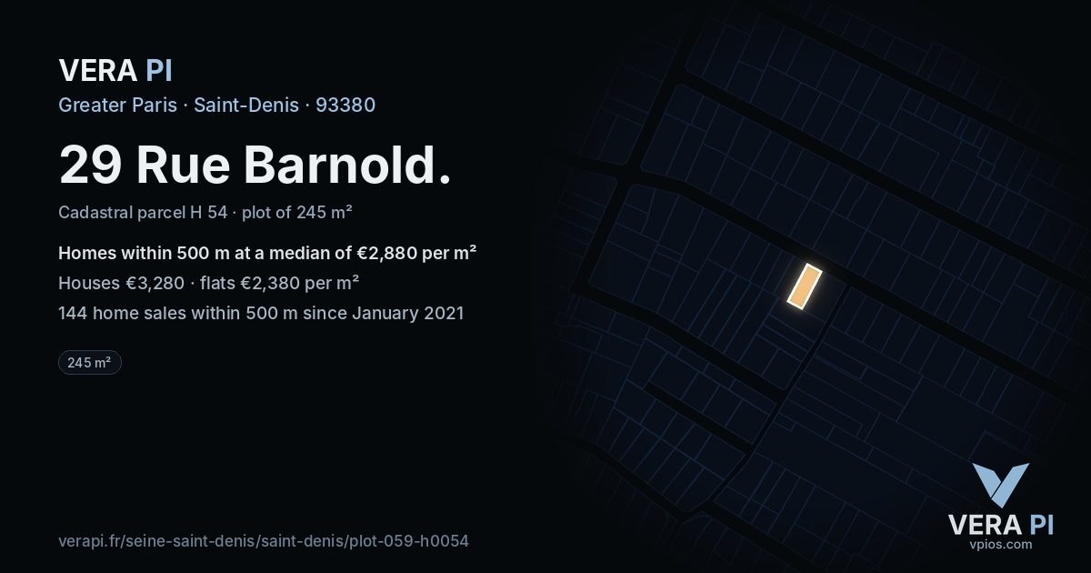 29 Rue Barnold, Saint-Denis at night – the plot lit, the parcels around coloured by the prices near them