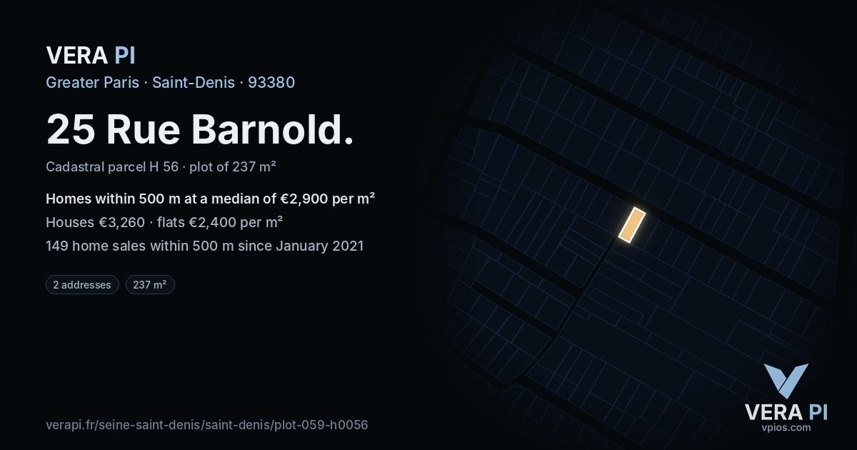 25 Rue Barnold, Saint-Denis at night – the plot lit, the parcels around coloured by the prices near them