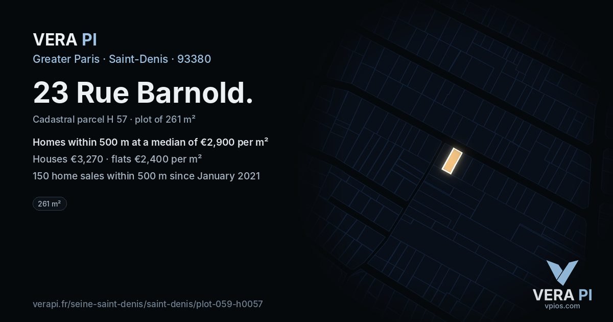 23 Rue Barnold, Saint-Denis at night – the plot lit, the parcels around coloured by the prices near them