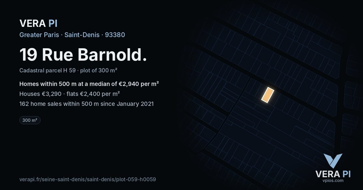 19 Rue Barnold, Saint-Denis at night – the plot lit, the parcels around coloured by the prices near them
