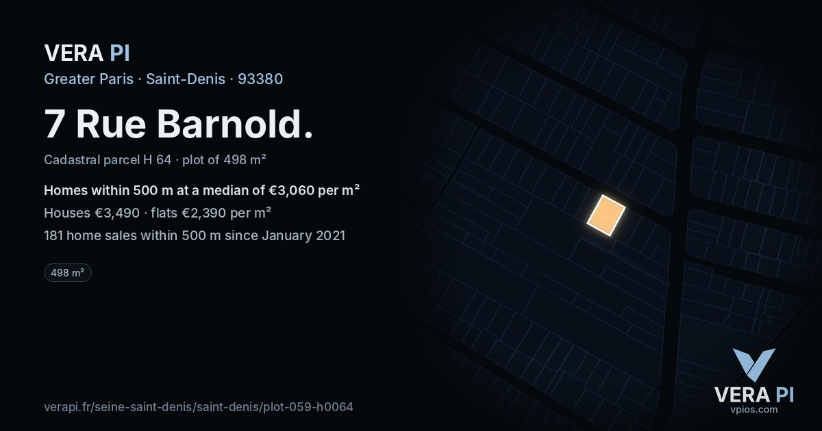 7 Rue Barnold, Saint-Denis at night – the plot lit, the parcels around coloured by the prices near them