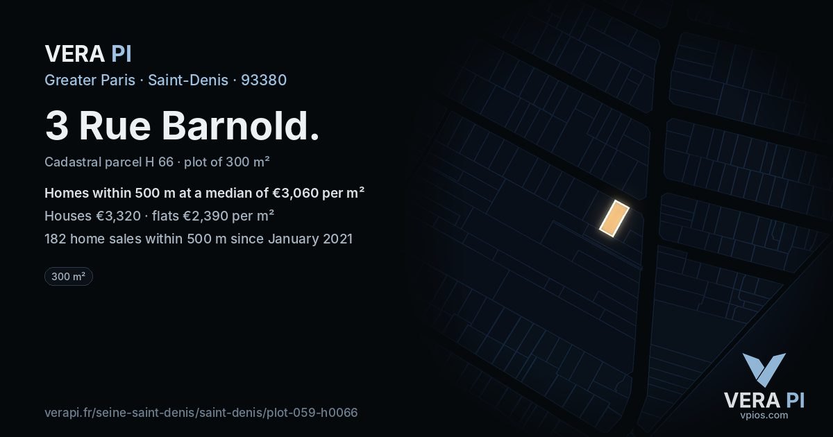 3 Rue Barnold, Saint-Denis at night – the plot lit, the parcels around coloured by the prices near them