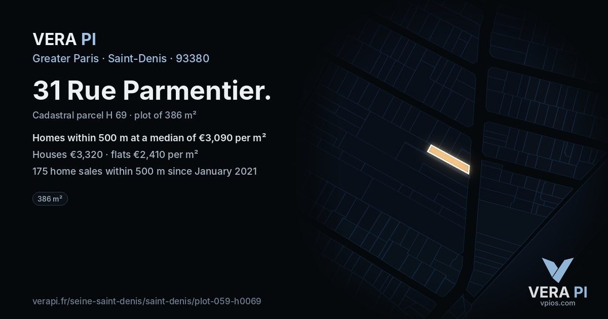 31 Rue Parmentier, Saint-Denis at night – the plot lit, the parcels around coloured by the prices near them