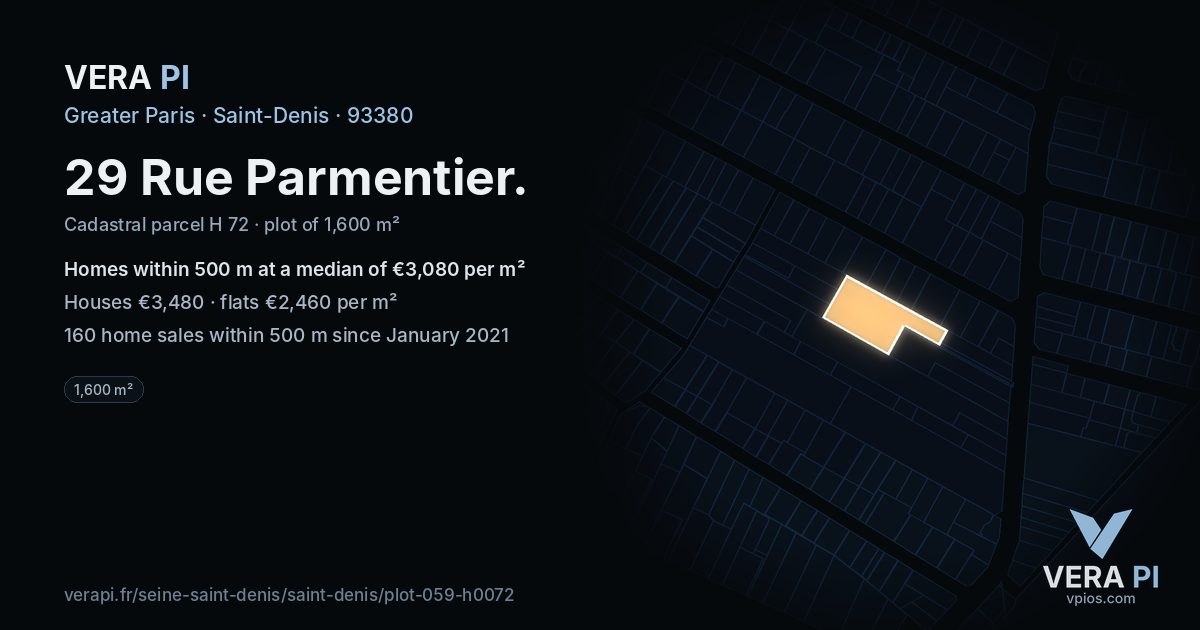 29 Rue Parmentier, Saint-Denis at night – the plot lit, the parcels around coloured by the prices near them
