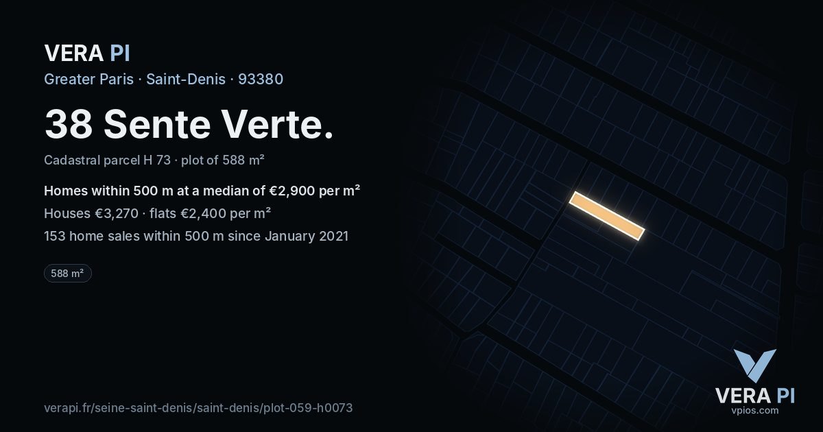 38 Sente Verte, Saint-Denis at night – the plot lit, the parcels around coloured by the prices near them