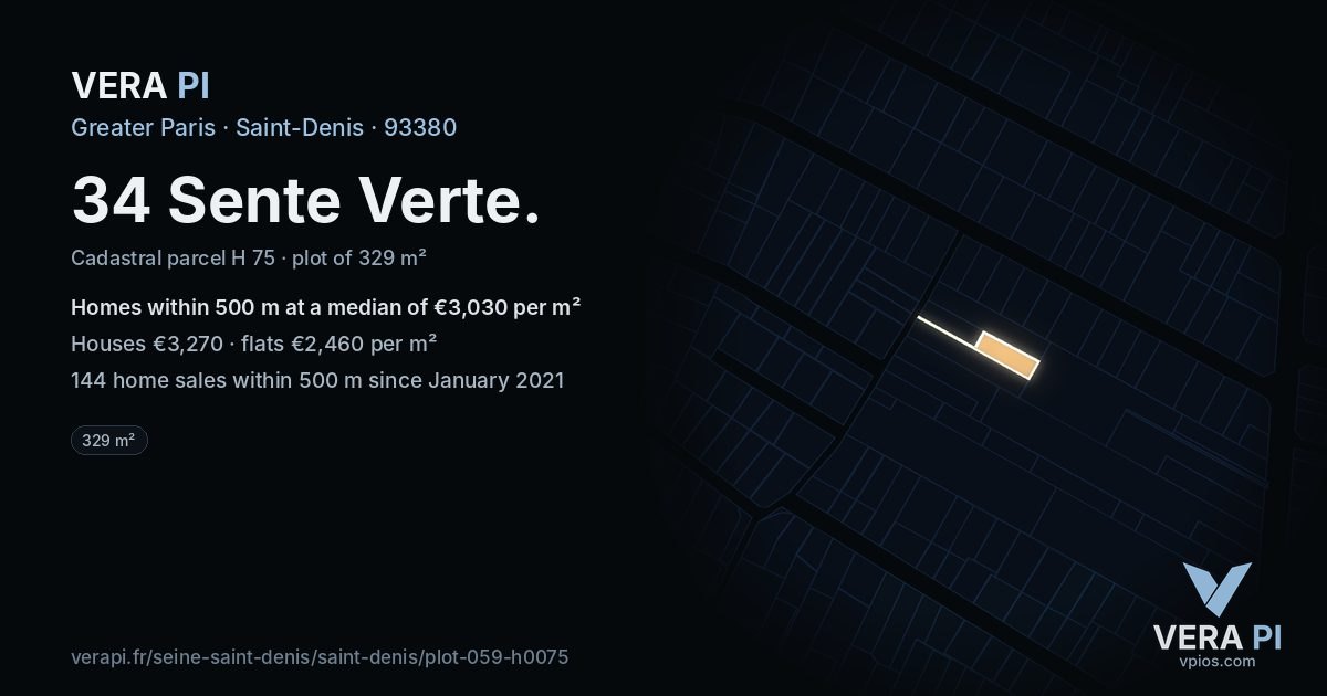 34 Sente Verte, Saint-Denis at night – the plot lit, the parcels around coloured by the prices near them