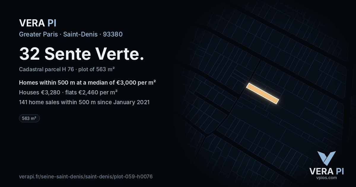 32 Sente Verte, Saint-Denis at night – the plot lit, the parcels around coloured by the prices near them