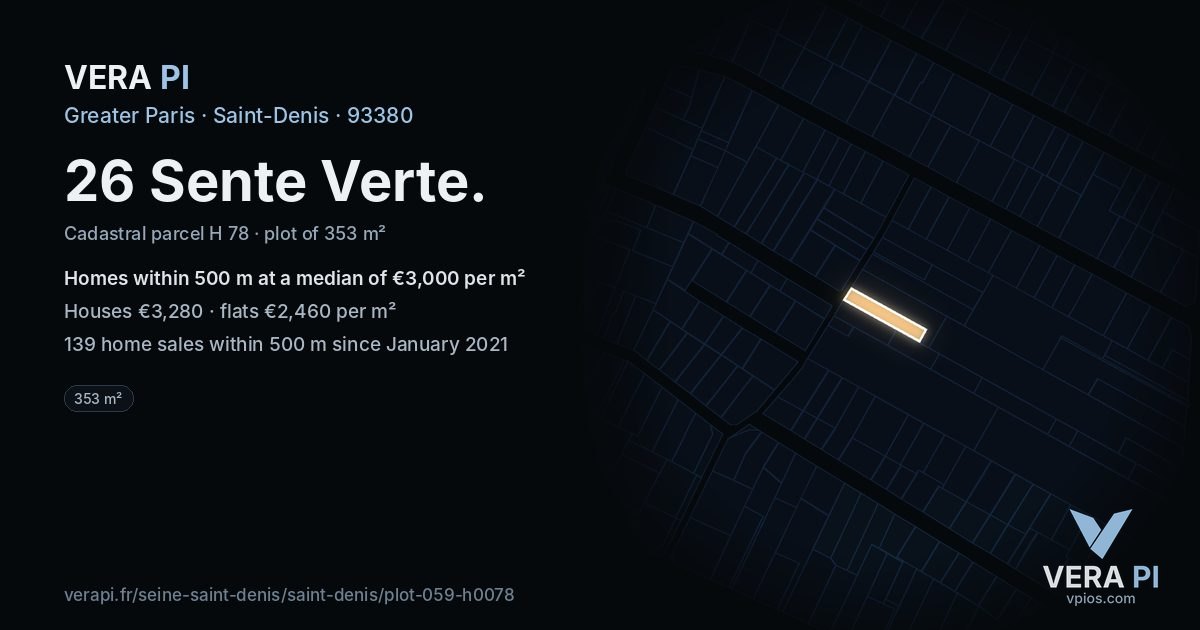 26 Sente Verte, Saint-Denis at night – the plot lit, the parcels around coloured by the prices near them