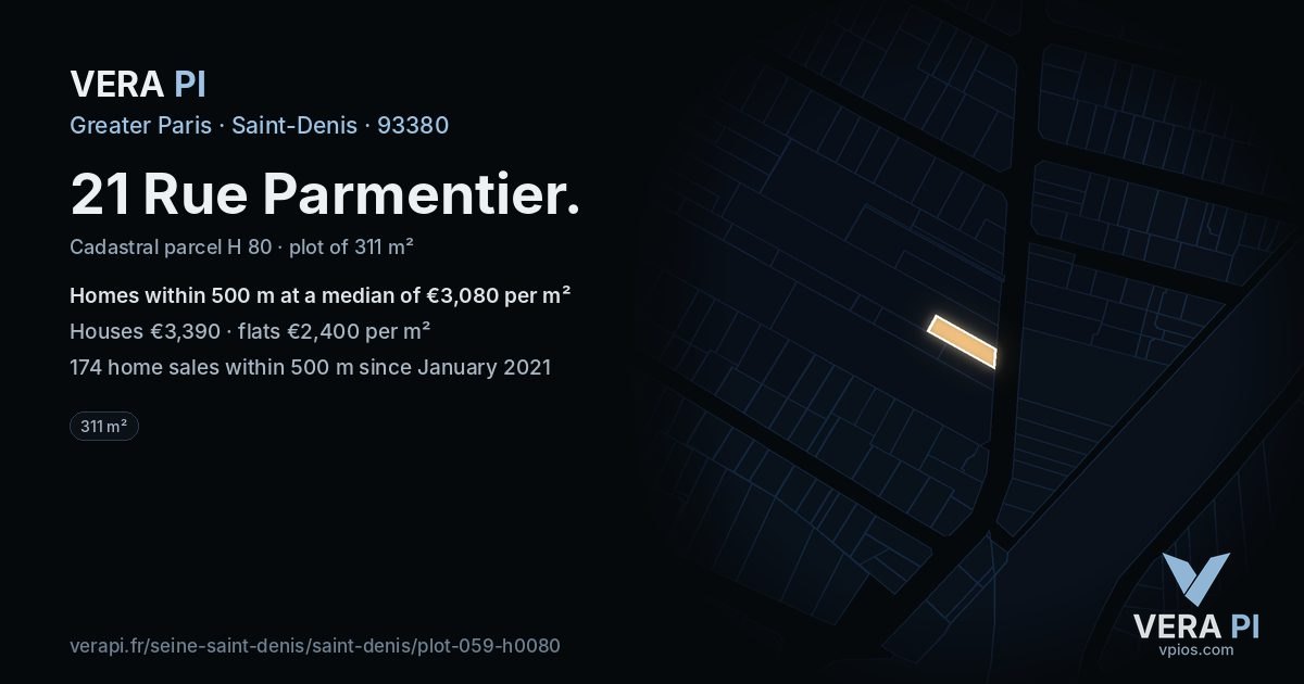 21 Rue Parmentier, Saint-Denis at night – the plot lit, the parcels around coloured by the prices near them
