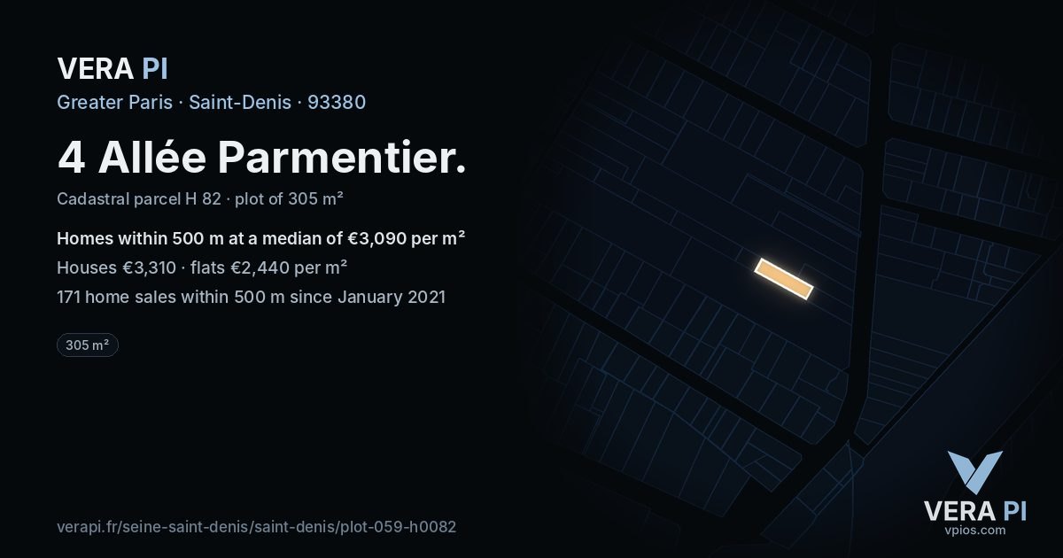 4 Allée Parmentier, Saint-Denis at night – the plot lit, the parcels around coloured by the prices near them