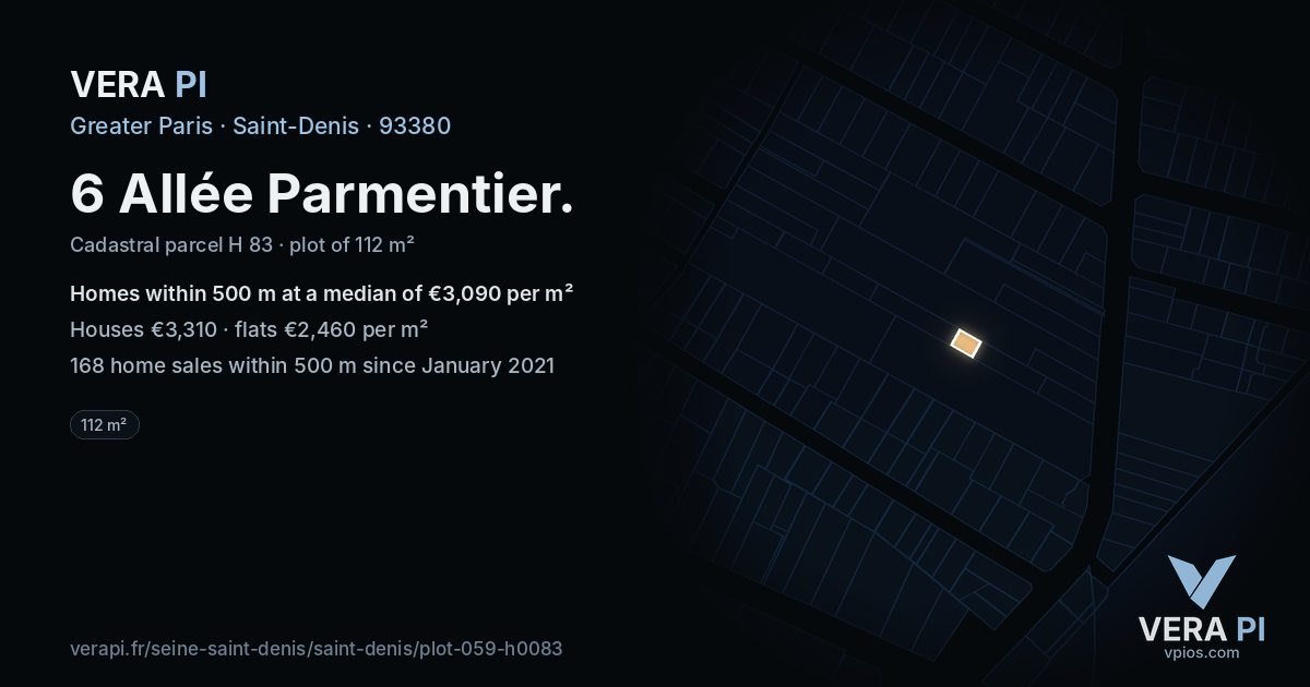 6 Allée Parmentier, Saint-Denis at night – the plot lit, the parcels around coloured by the prices near them