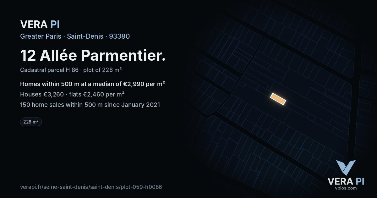 12 Allée Parmentier, Saint-Denis at night – the plot lit, the parcels around coloured by the prices near them