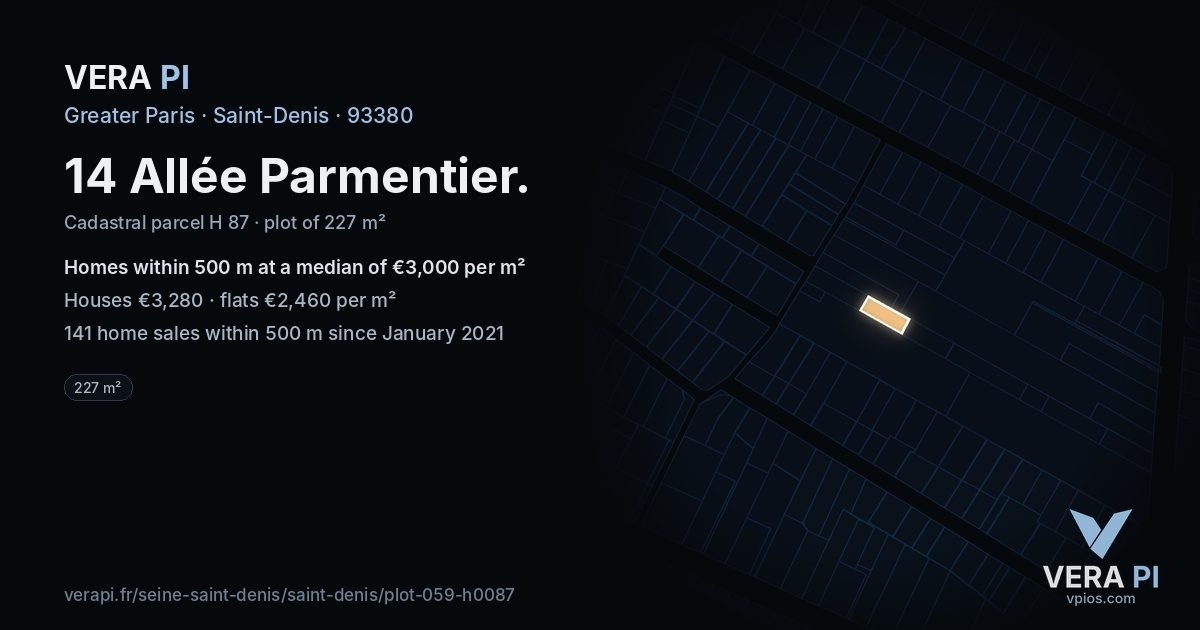 14 Allée Parmentier, Saint-Denis at night – the plot lit, the parcels around coloured by the prices near them