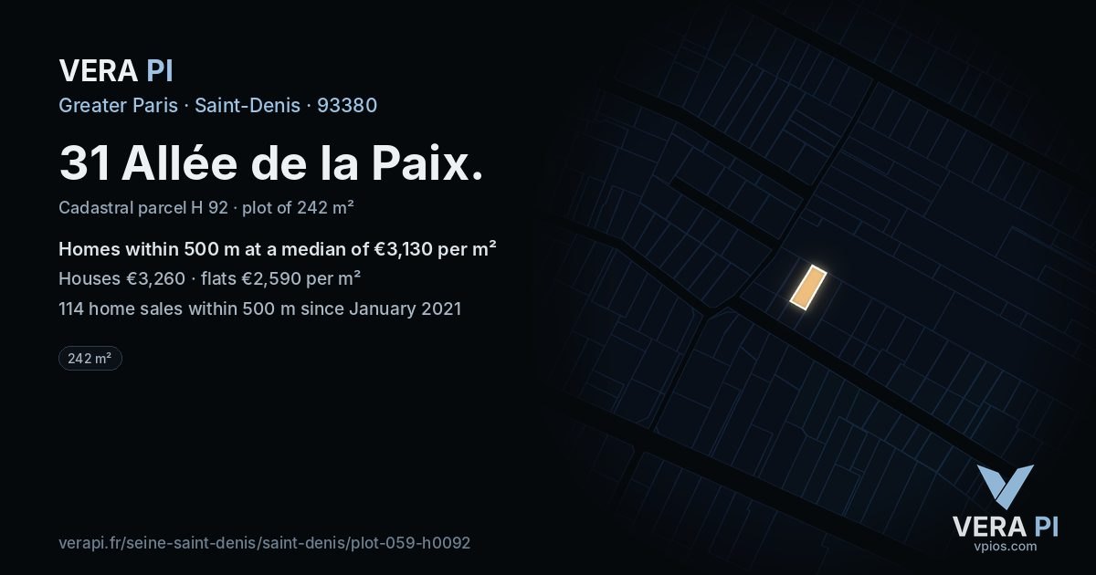 31 Allée de la Paix, Saint-Denis at night – the plot lit, the parcels around coloured by the prices near them