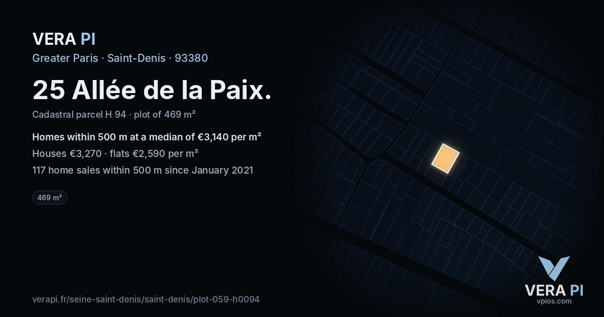 25 Allée de la Paix, Saint-Denis at night – the plot lit, the parcels around coloured by the prices near them