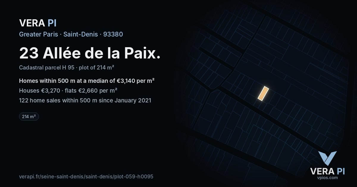 23 Allée de la Paix, Saint-Denis at night – the plot lit, the parcels around coloured by the prices near them