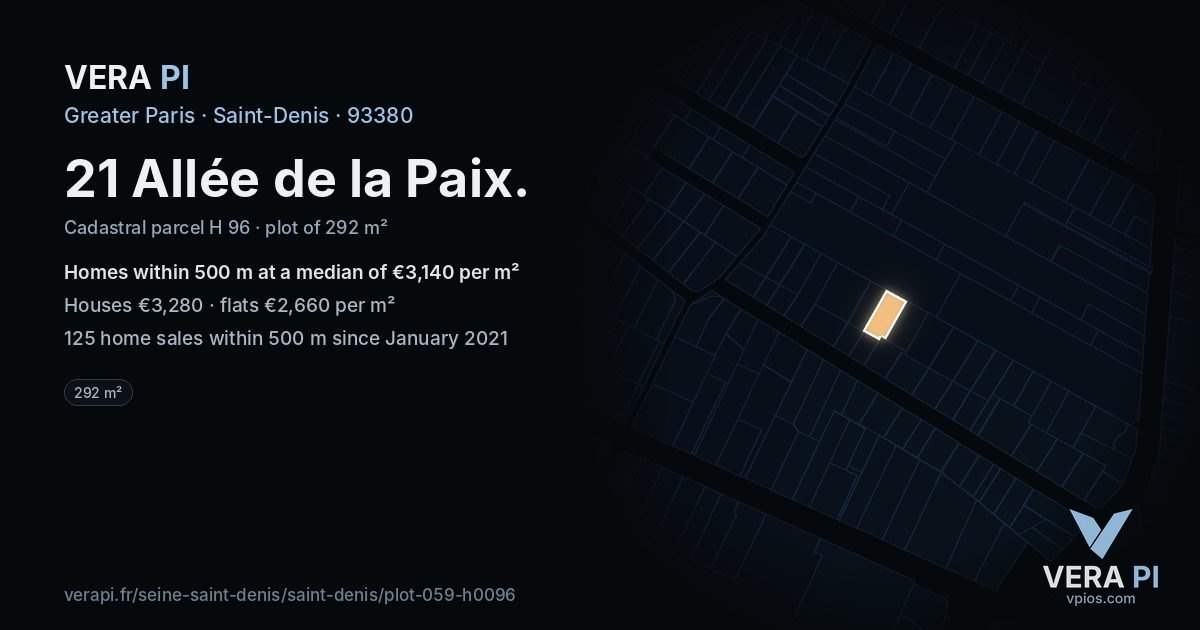 21 Allée de la Paix, Saint-Denis at night – the plot lit, the parcels around coloured by the prices near them