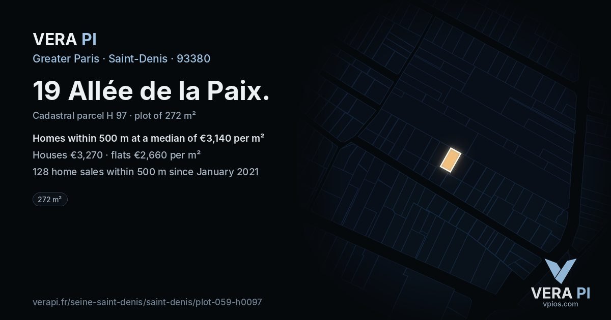 19 Allée de la Paix, Saint-Denis at night – the plot lit, the parcels around coloured by the prices near them