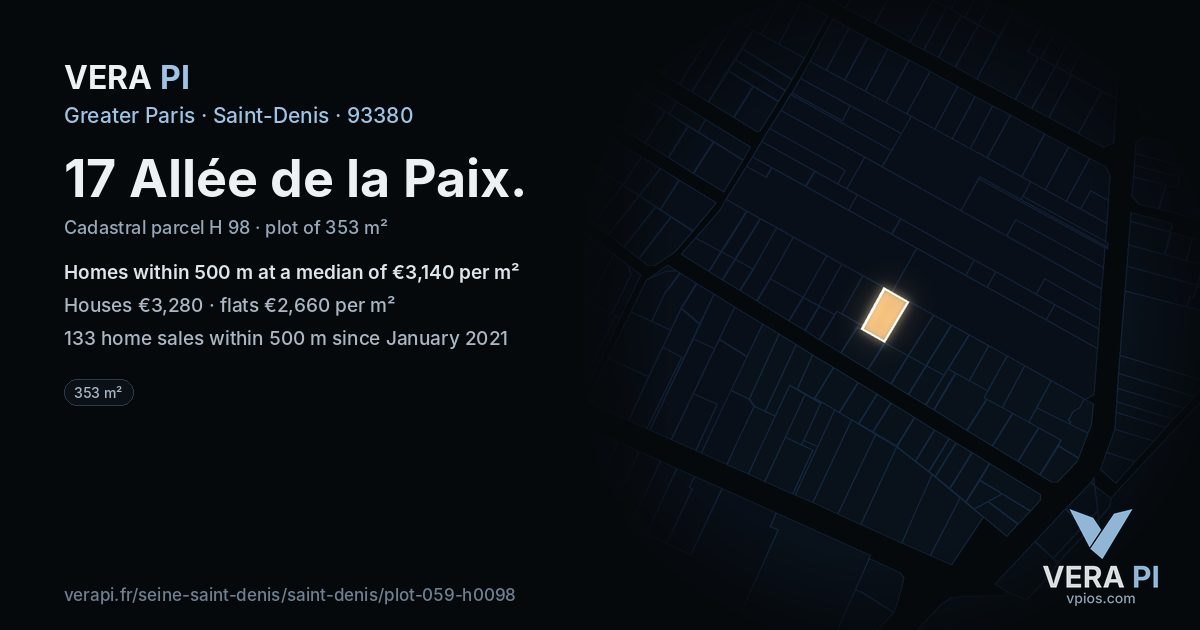 17 Allée de la Paix, Saint-Denis at night – the plot lit, the parcels around coloured by the prices near them