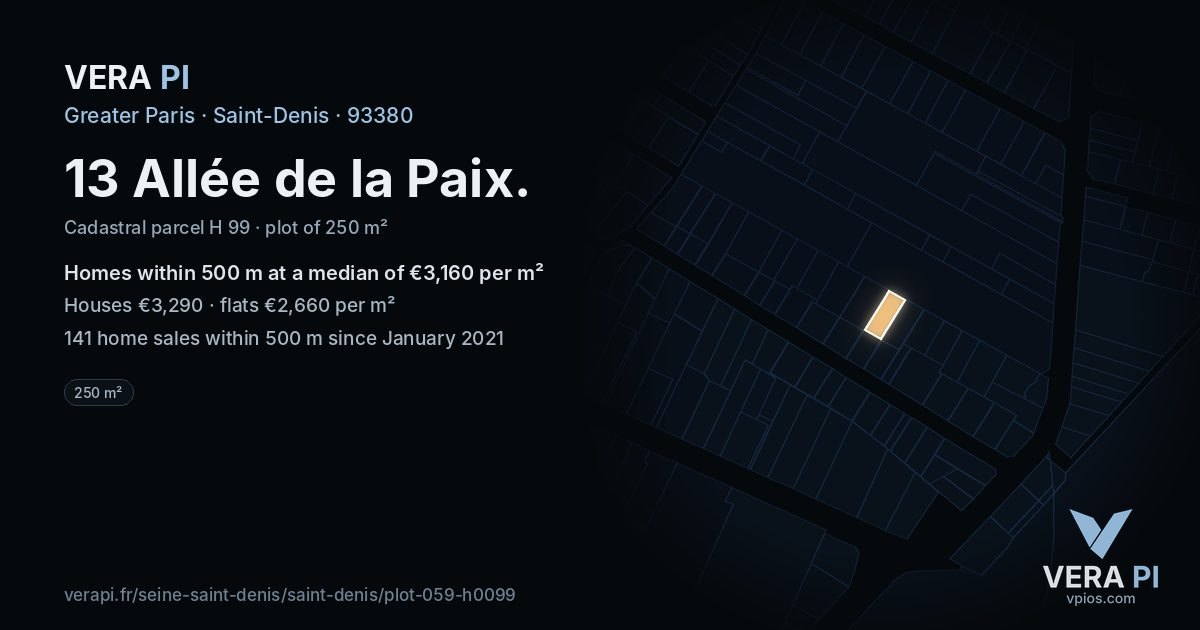 13 Allée de la Paix, Saint-Denis at night – the plot lit, the parcels around coloured by the prices near them