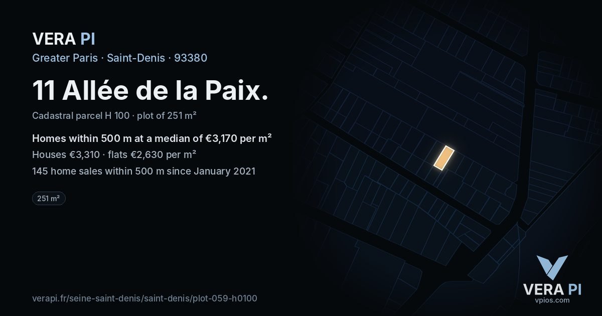 11 Allée de la Paix, Saint-Denis at night – the plot lit, the parcels around coloured by the prices near them