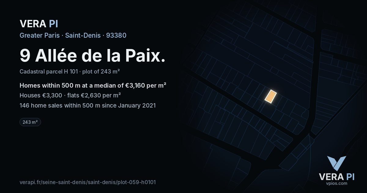 9 Allée de la Paix, Saint-Denis at night – the plot lit, the parcels around coloured by the prices near them