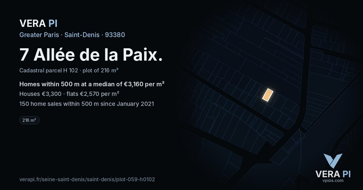 7 Allée de la Paix, Saint-Denis at night – the plot lit, the parcels around coloured by the prices near them