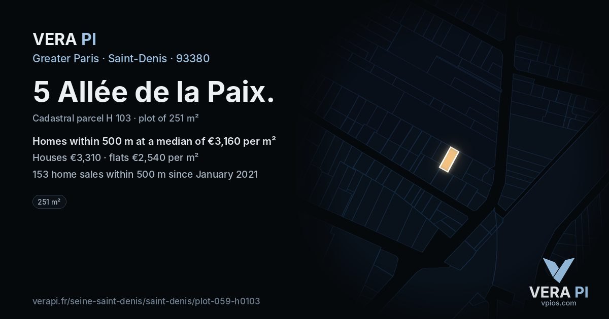 5 Allée de la Paix, Saint-Denis at night – the plot lit, the parcels around coloured by the prices near them