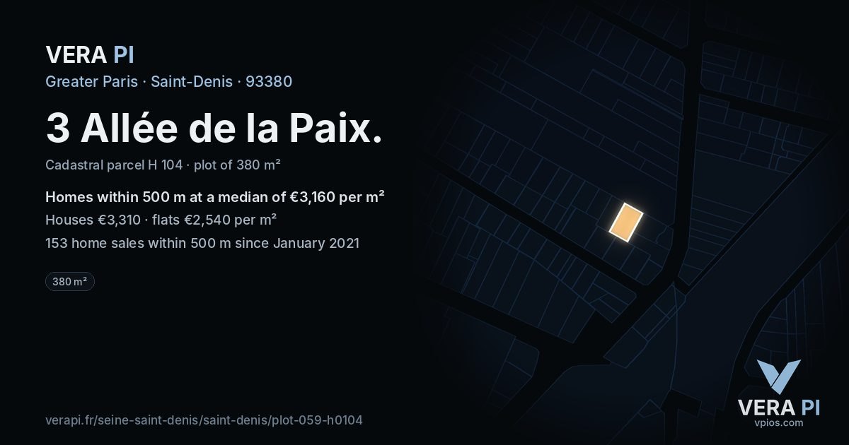 3 Allée de la Paix, Saint-Denis at night – the plot lit, the parcels around coloured by the prices near them