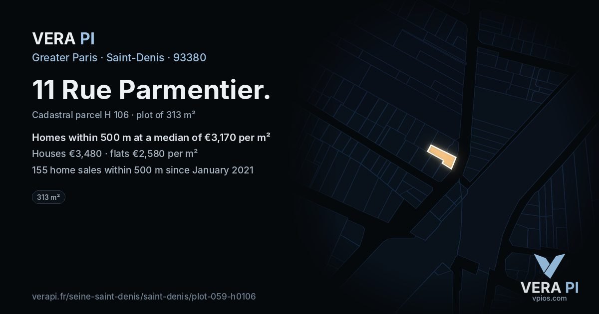 11 Rue Parmentier, Saint-Denis at night – the plot lit, the parcels around coloured by the prices near them