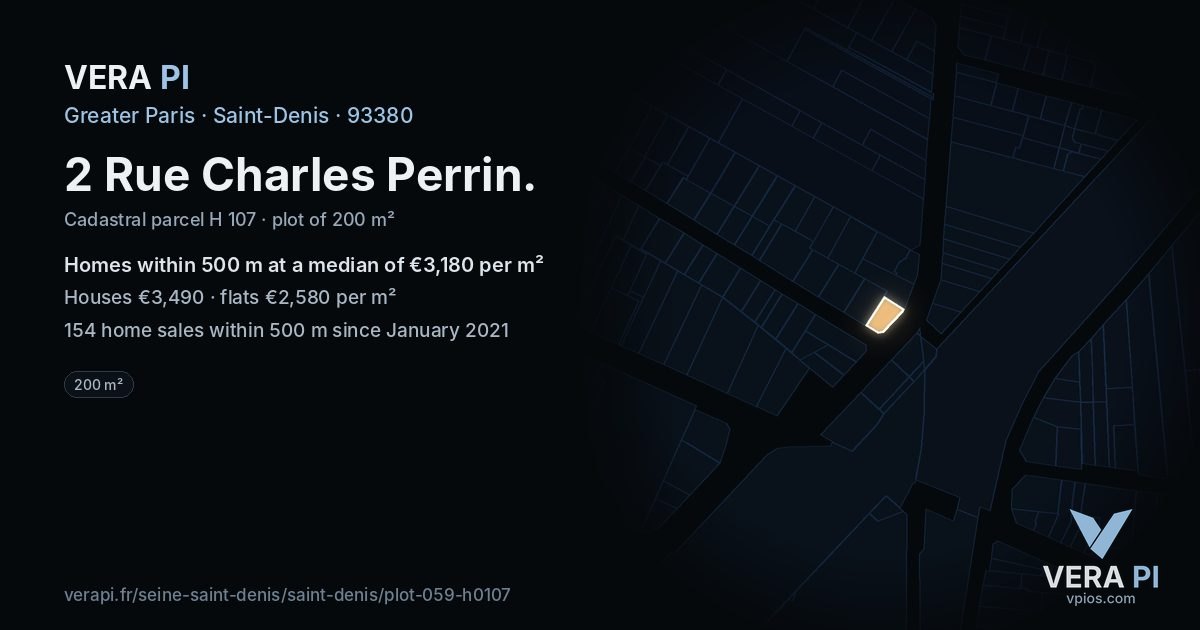 2 Rue Charles Perrin, Saint-Denis at night – the plot lit, the parcels around coloured by the prices near them