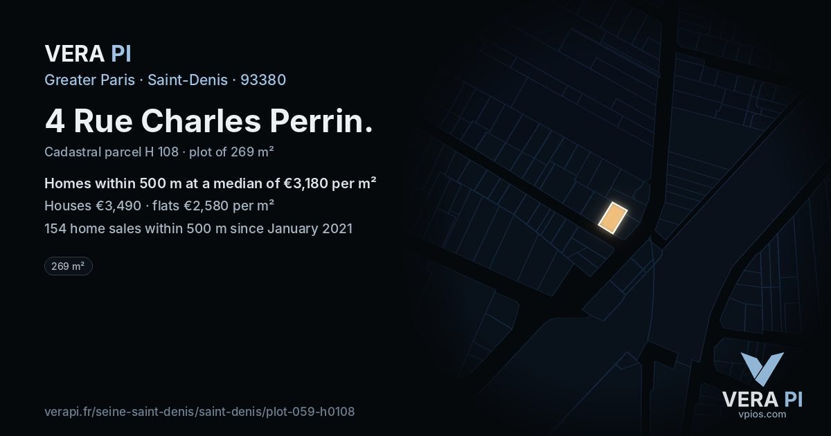 4 Rue Charles Perrin, Saint-Denis at night – the plot lit, the parcels around coloured by the prices near them