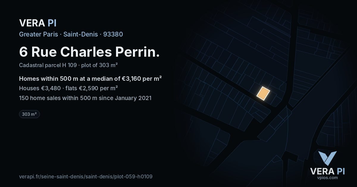 6 Rue Charles Perrin, Saint-Denis at night – the plot lit, the parcels around coloured by the prices near them