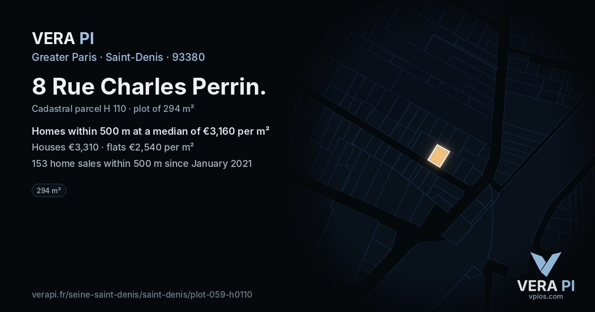 8 Rue Charles Perrin, Saint-Denis at night – the plot lit, the parcels around coloured by the prices near them