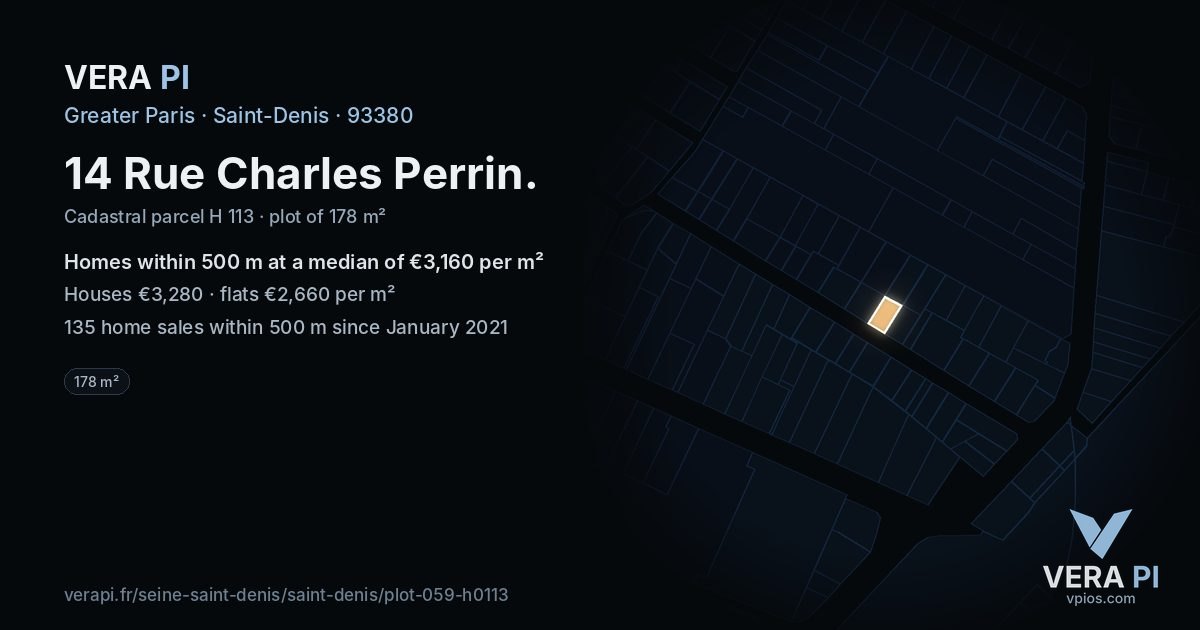 14 Rue Charles Perrin, Saint-Denis at night – the plot lit, the parcels around coloured by the prices near them