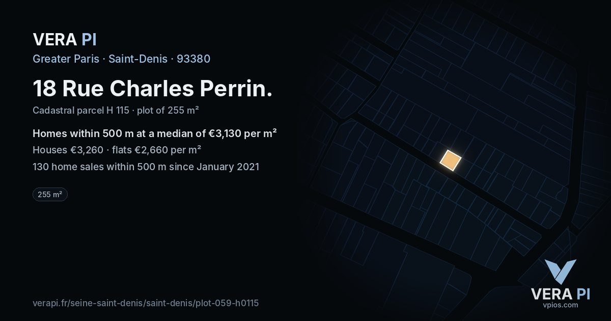 18 Rue Charles Perrin, Saint-Denis at night – the plot lit, the parcels around coloured by the prices near them