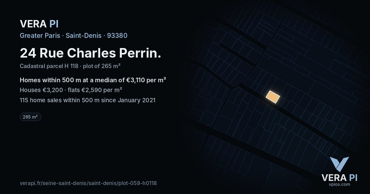 24 Rue Charles Perrin, Saint-Denis at night – the plot lit, the parcels around coloured by the prices near them