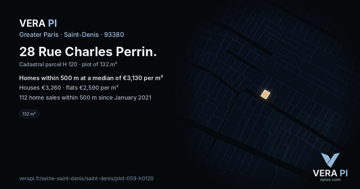 28 Rue Charles Perrin, Saint-Denis at night – the plot lit, the parcels around coloured by the prices near them