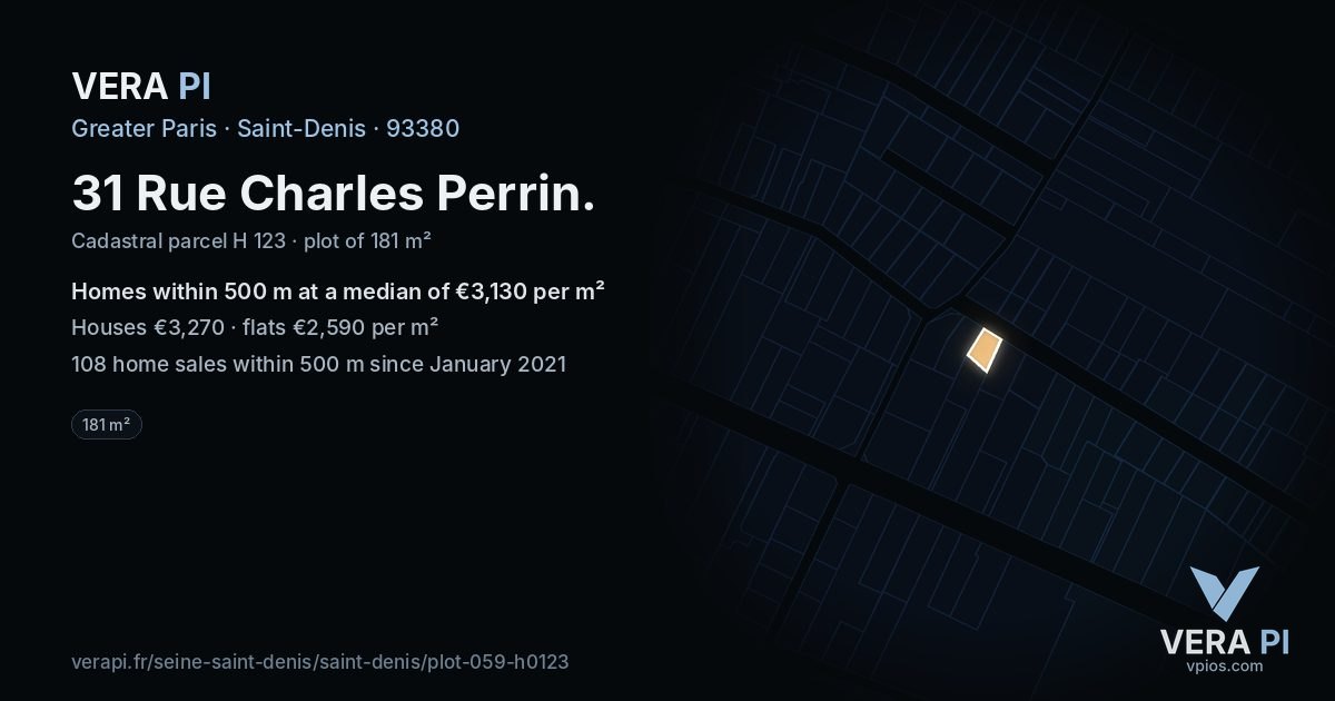 31 Rue Charles Perrin, Saint-Denis at night – the plot lit, the parcels around coloured by the prices near them