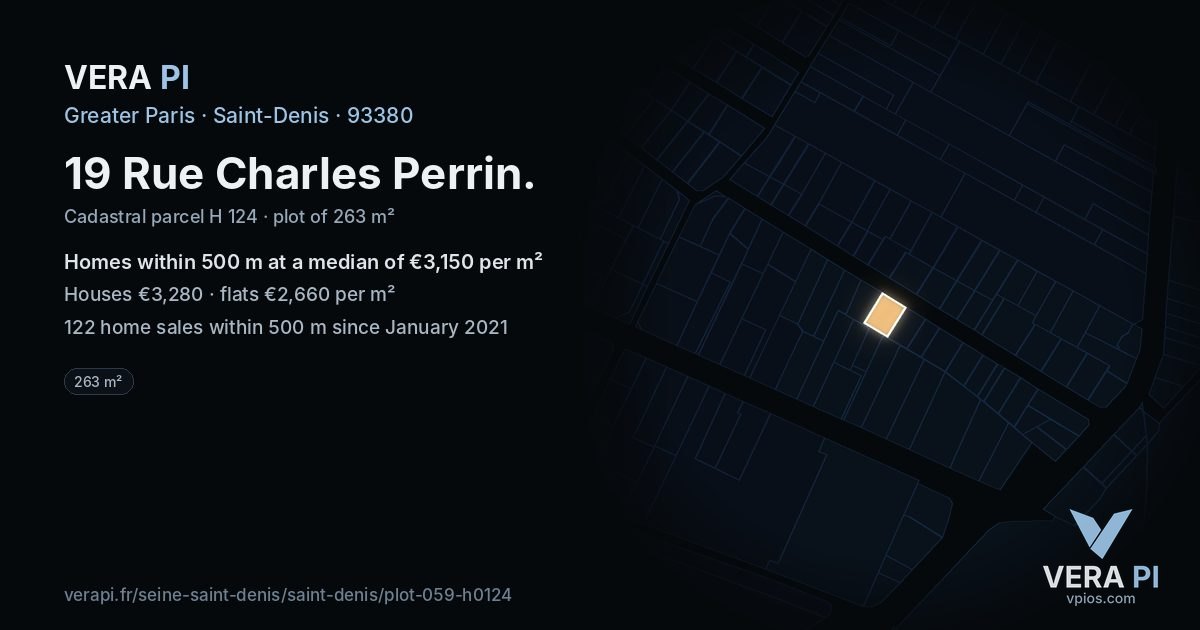 19 Rue Charles Perrin, Saint-Denis at night – the plot lit, the parcels around coloured by the prices near them