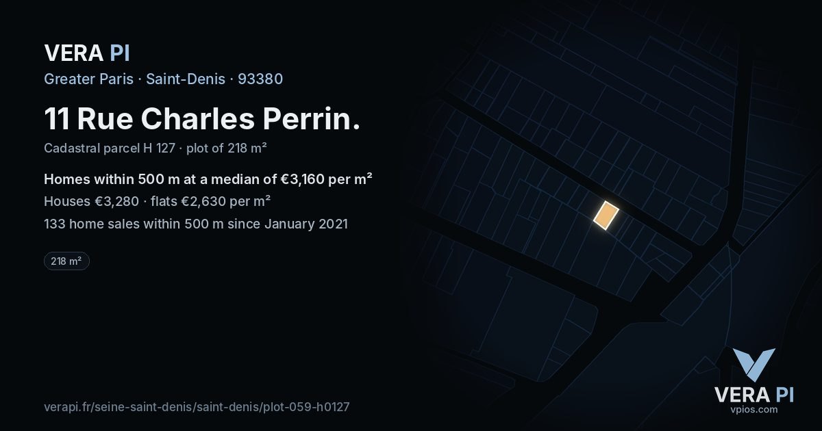 11 Rue Charles Perrin, Saint-Denis at night – the plot lit, the parcels around coloured by the prices near them