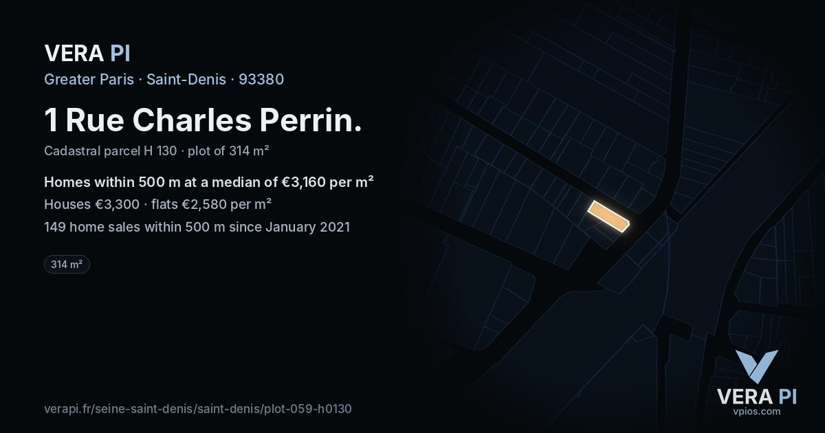 1 Rue Charles Perrin, Saint-Denis at night – the plot lit, the parcels around coloured by the prices near them