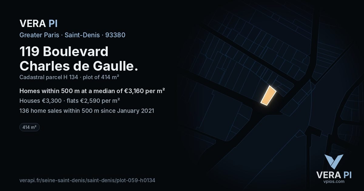 119 Boulevard Charles de Gaulle, Saint-Denis at night – the plot lit, the parcels around coloured by the prices near them