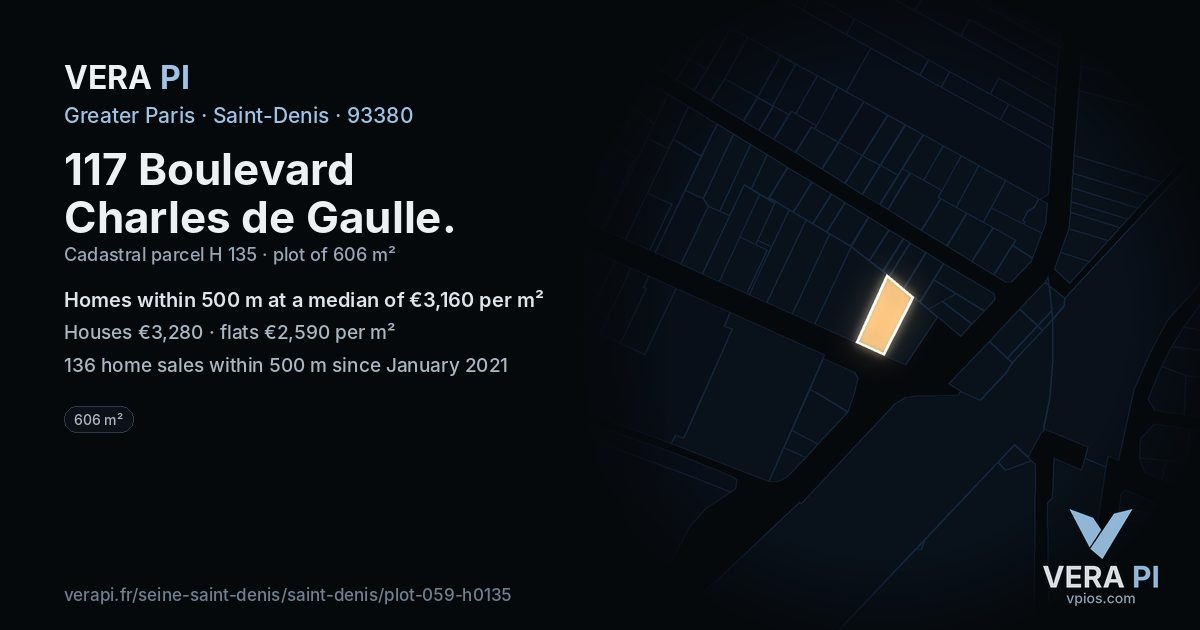 117 Boulevard Charles de Gaulle, Saint-Denis at night – the plot lit, the parcels around coloured by the prices near them