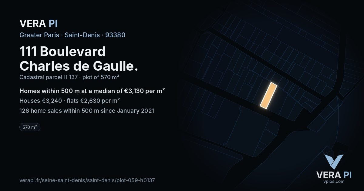 111 Boulevard Charles de Gaulle, Saint-Denis at night – the plot lit, the parcels around coloured by the prices near them