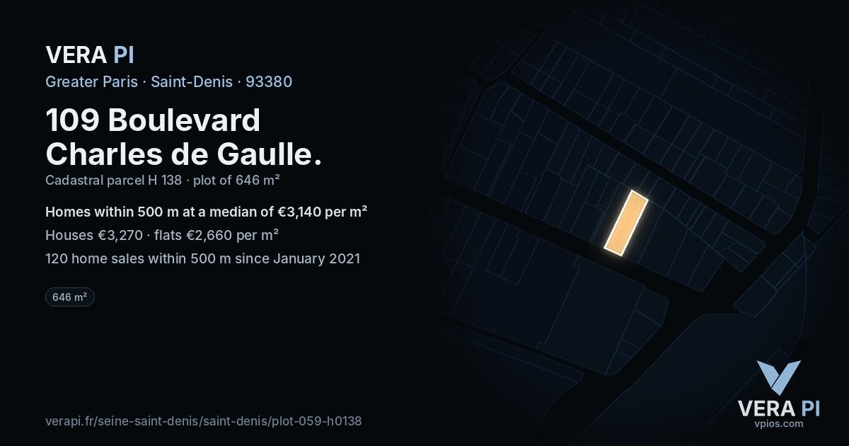 109 Boulevard Charles de Gaulle, Saint-Denis at night – the plot lit, the parcels around coloured by the prices near them