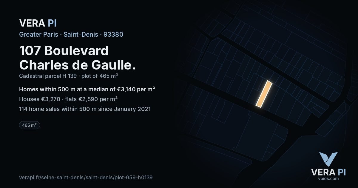 107 Boulevard Charles de Gaulle, Saint-Denis at night – the plot lit, the parcels around coloured by the prices near them